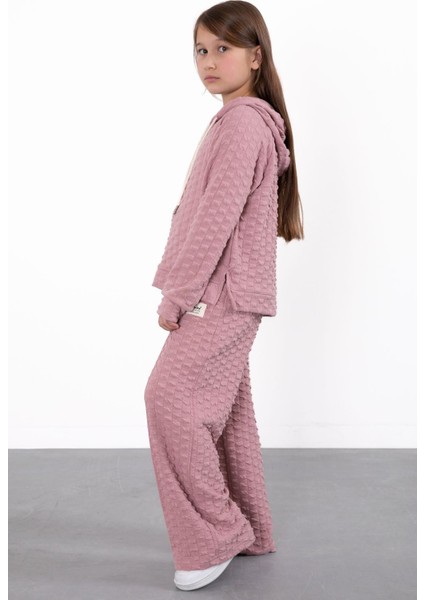 Pembe Kız Çocuk Dokulu Geniş Paça Kapüşonlu Eşofman Takımı 23302 fırsatları