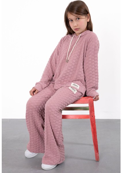 Pembe Kız Çocuk Dokulu Geniş Paça Kapüşonlu Eşofman Takımı 23302 indirimleri