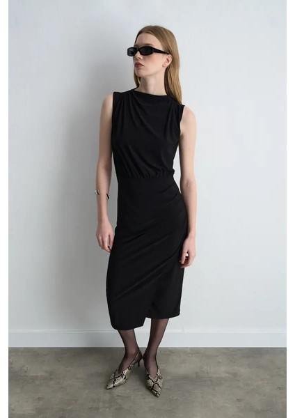 Büzgülü Jarse Midi Elbise - Siyah modelleri