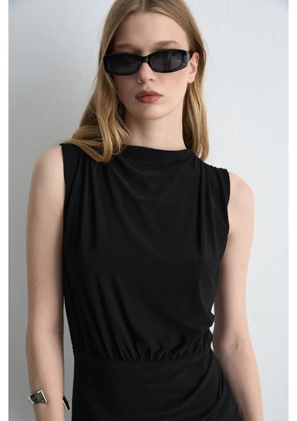 Büzgülü Jarse Midi Elbise - Siyah fırsatları