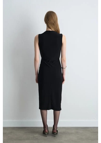 Büzgülü Jarse Midi Elbise - Siyah indirimleri