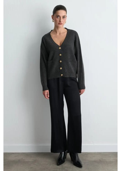 V Yaka Triko Yün Hırka - Füme