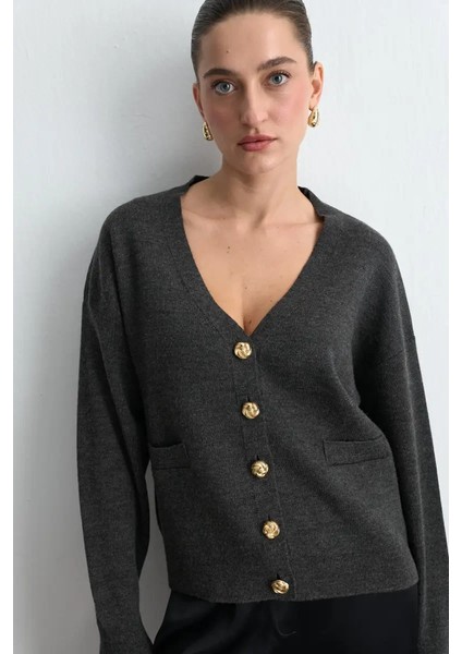 V Yaka Triko Yün Hırka - Füme fiyatları