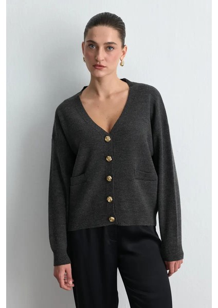 V Yaka Triko Yün Hırka - Füme modelleri