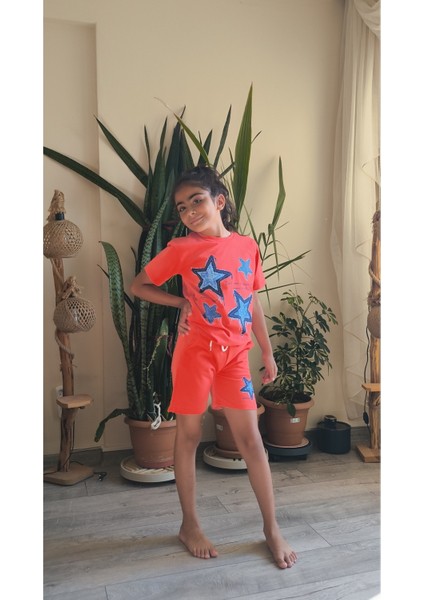 Kız Çocuk Pamuklu Şortlu Takım Somon, Lila, Nar Çiçeği Renkli