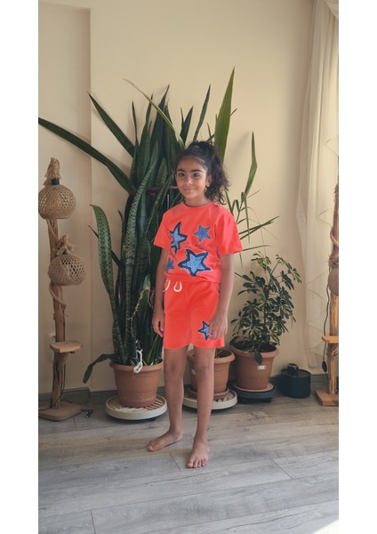 Kız Çocuk Pamuklu Şortlu Takım Somon, Lila, Nar Çiçeği Renkli