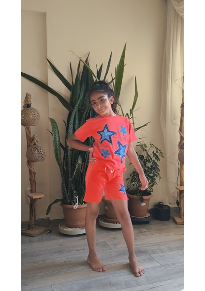 Kız Çocuk Pamuklu Şortlu Takım Somon, Lila, Nar Çiçeği Renkli