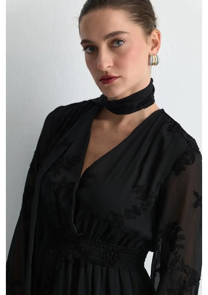 Nakışlı Uzun Fularlı Şifon Elbise - Siyah modelleri