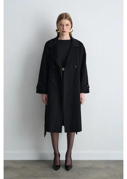 Kruvaze Astarsız Yün Kaban - Siyah