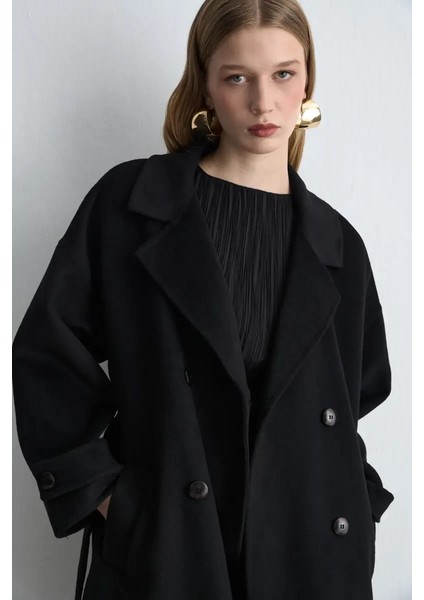 Kruvaze Astarsız Yün Kaban - Siyah fiyatları