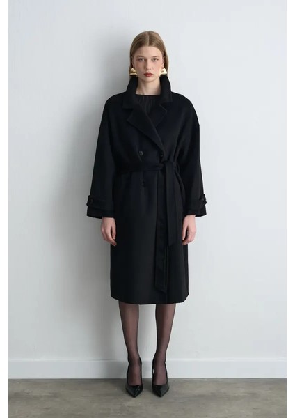 Kruvaze Astarsız Yün Kaban - Siyah modelleri