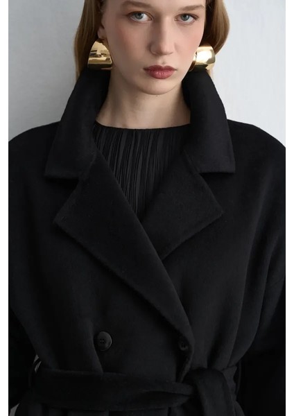 Kruvaze Astarsız Yün Kaban - Siyah fırsatları