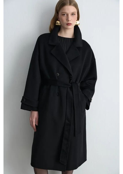 Kruvaze Astarsız Yün Kaban - Siyah indirimleri