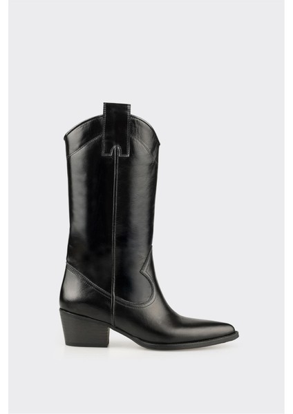 Siyah Deri Kadın Western Çizme