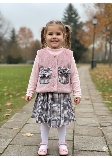 Kız Çocuk Üçlü Takım (Peluşlu Yelek+Pamuklu Bluz+Kaşe Etek) Şık Kışlık Pembe