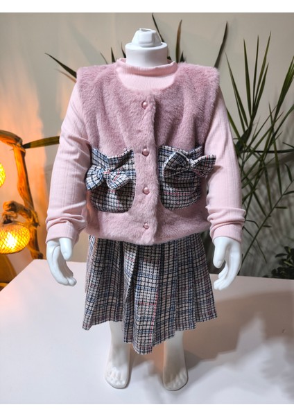 Kız Çocuk Üçlü Takım (Peluşlu Yelek+Pamuklu Bluz+Kaşe Etek) Şık Kışlık Pembe fiyatları