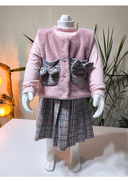 Kız Çocuk Üçlü Takım (Peluşlu Yelek+Pamuklu Bluz+Kaşe Etek) Şık Kışlık Pembe modelleri