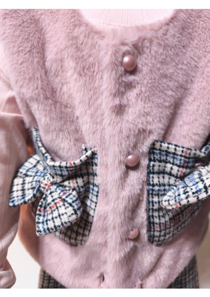 Kız Çocuk Üçlü Takım (Peluşlu Yelek+Pamuklu Bluz+Kaşe Etek) Şık Kışlık Pembe fırsatları