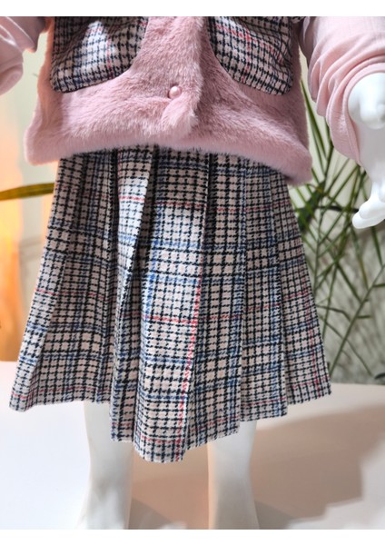 Kız Çocuk Üçlü Takım (Peluşlu Yelek+Pamuklu Bluz+Kaşe Etek) Şık Kışlık Pembe indirimleri