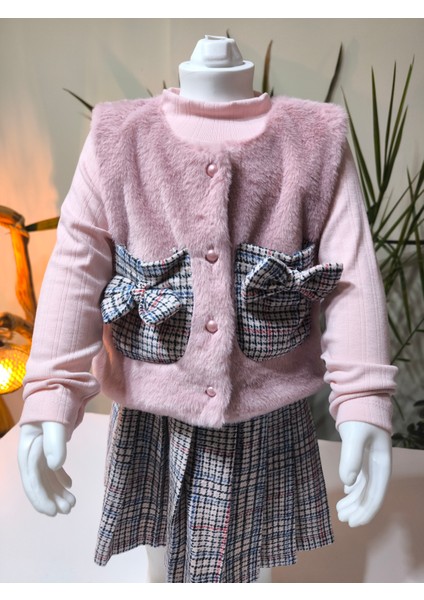 Kız Çocuk Üçlü Takım (Peluşlu Yelek+Pamuklu Bluz+Kaşe Etek) Şık Kışlık Pembe