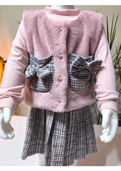 Kız Çocuk Üçlü Takım (Peluşlu Yelek+Pamuklu Bluz+Kaşe Etek) Şık Kışlık Pembe