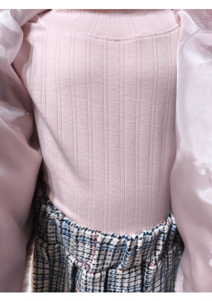 Kız Çocuk Üçlü Takım (Peluşlu Yelek+Pamuklu Bluz+Kaşe Etek) Şık Kışlık Pembe