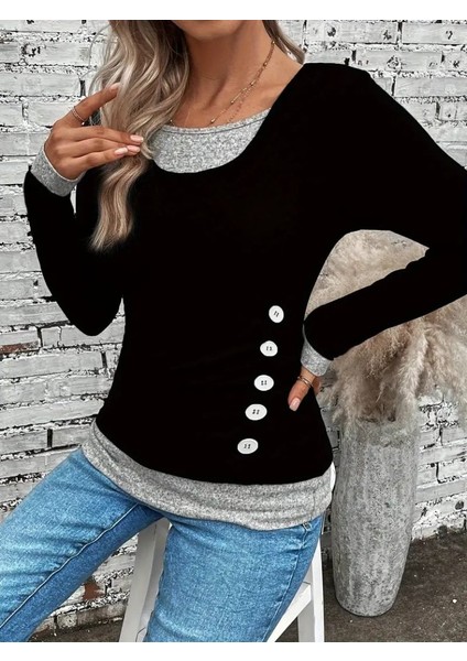 Kadın Uzun Kollu Yuvarlak Yaka Blok Renkli Yandan Düğmeli Viskon Bluz