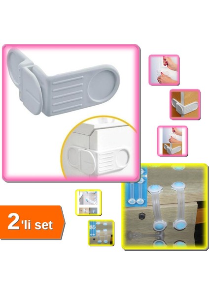 Çocuk Güvenlik Kilidi + Yapışkanlı Vidasız Köşe Kapak Kilidi Set - Koruma 2li Seti | PRM9XQ