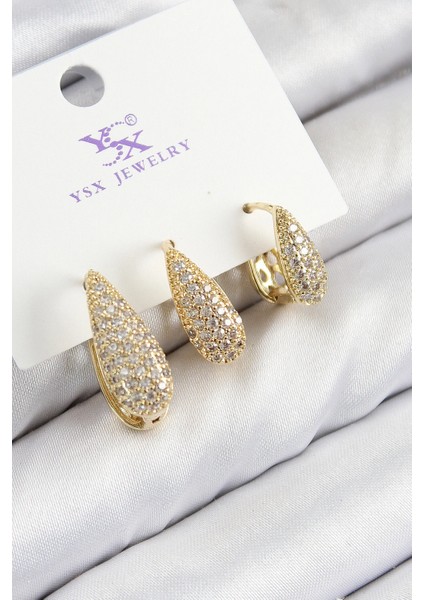 Pirinç Zirkon Taşlı 3'lü Damla Model Gold Renk Kadın Küpe - TJ-BKP11138