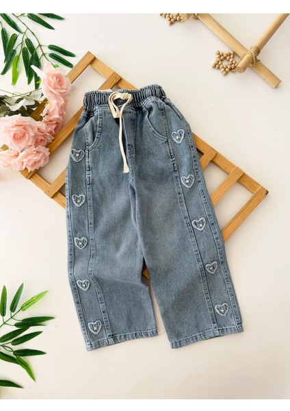 Kalp Içi Taş Detaylı Kız Çocuk Yumuşak kot pantolon - Mavi