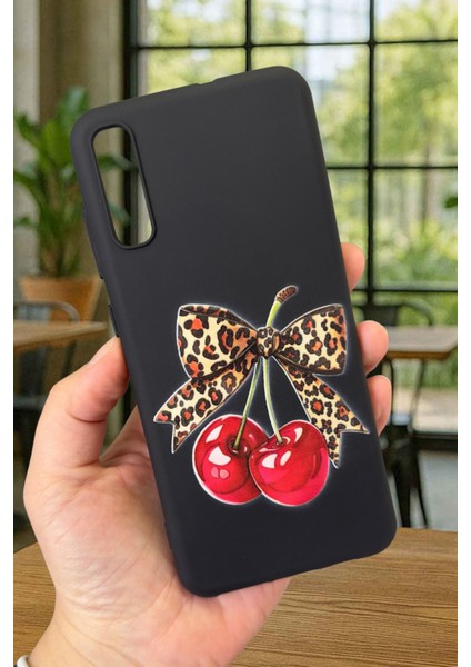 Samsung Galaxy A70 Uyumlu Kiraz Leopar Fiyonk Desenli Silikon Darbe Emici Klasik Rubber Kılıf