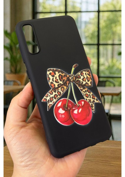 Samsung Galaxy A70 Uyumlu Kiraz Leopar Fiyonk Desenli Silikon Darbe Emici Klasik Rubber Kılıf modelleri