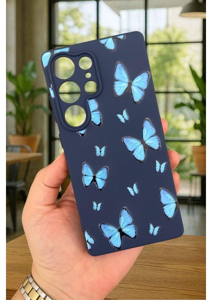 Samsung Galaxy S25 Ultra - Mavi Kelebek Desenli Silikon Darbe Emici Klasik Korumalı Rubber Kılıf
