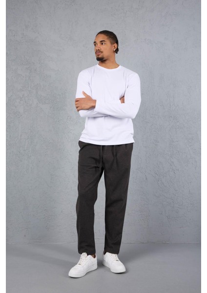 Milos Relax Fit Örme Kaşe Kumaş Fermuarlı Beli Lastikli Jogger Erkek Pantolon - Füme