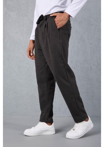 Milos Relax Fit Örme Kaşe Kumaş Fermuarlı Beli Lastikli Jogger Erkek Pantolon - Füme