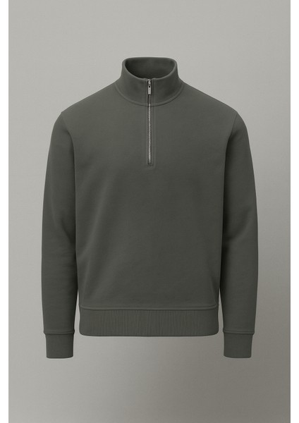 Lars Selanik Örme Kumaş Yarım Fermuar Erkek Sweatshirt - Çam Yeşili