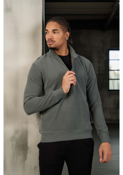 Lars Selanik Örme Kumaş Yarım Fermuar Erkek Sweatshirt - Çam Yeşili fiyatları