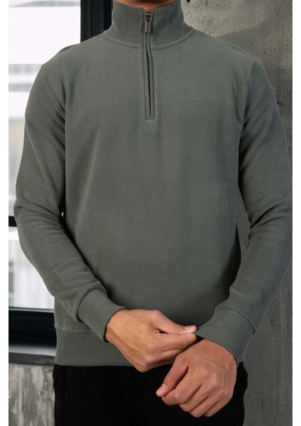 Lars Selanik Örme Kumaş Yarım Fermuar Erkek Sweatshirt - Çam Yeşili modelleri