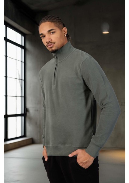 Lars Selanik Örme Kumaş Yarım Fermuar Erkek Sweatshirt - Çam Yeşili