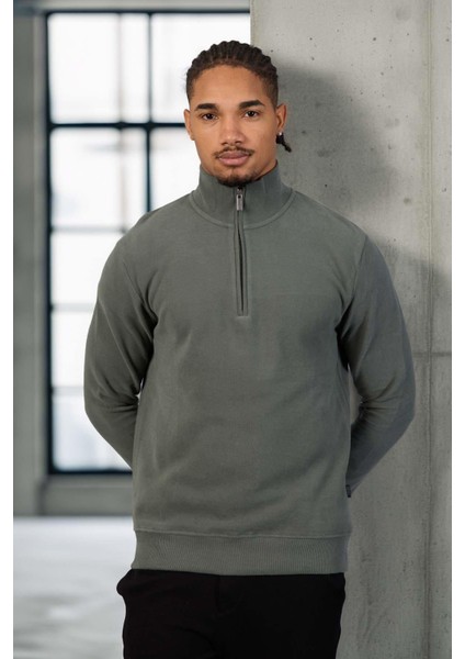 Lars Selanik Örme Kumaş Yarım Fermuar Erkek Sweatshirt - Çam Yeşili