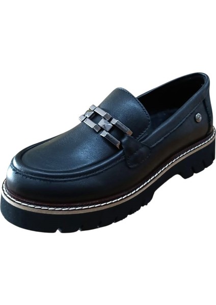 D25KA-3235 Kadın Hakiki Deri Tokalı Günlük Loafer Casual Ayakkabı Siyah