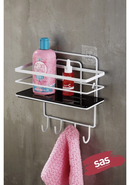 4 Kancalı Yapışkanlı Ayarlanabilir Banyo Duş Rafı – Paslanmaz Kristal Şampuanlık (Yapıştır/vidala) Beyaz-Siyah - Lş-01 - Bsbk