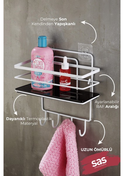 4 Kancalı Yapışkanlı Ayarlanabilir Banyo Duş Rafı – Paslanmaz Kristal Şampuanlık (Yapıştır/vidala) Beyaz-Siyah - Lş-01 - Bsbk fiyatları