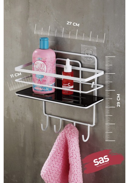 4 Kancalı Yapışkanlı Ayarlanabilir Banyo Duş Rafı – Paslanmaz Kristal Şampuanlık (Yapıştır/vidala) Beyaz-Siyah - Lş-01 - Bsbk modelleri