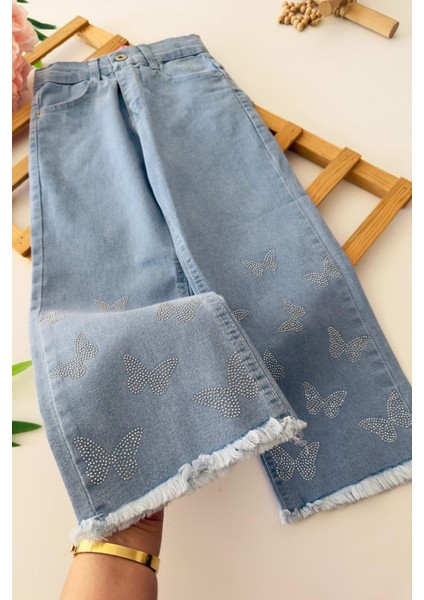 Kelebek Taş Işleme Detaylı Kız Çocuk Yumuşak kot pantolon - Mavi