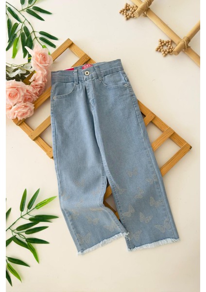 Kelebek Taş Işleme Detaylı Kız Çocuk Yumuşak kot pantolon - Mavi fiyatları