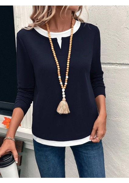 Kadın Uzun Kollu V Yakalı Çift Renkli Viskon Iki Iplik Bluz fırsatları