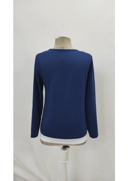 Kadın Uzun Kollu V Yakalı Çift Renkli Viskon Iki Iplik Bluz