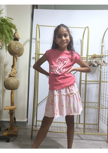 Kız Çocuk Etekli Tişörtlü Takım Pamuklu Palmiyeli