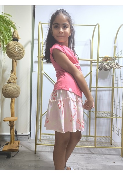 Kız Çocuk Etekli Tişörtlü Takım Pamuklu Palmiyeli fiyatları